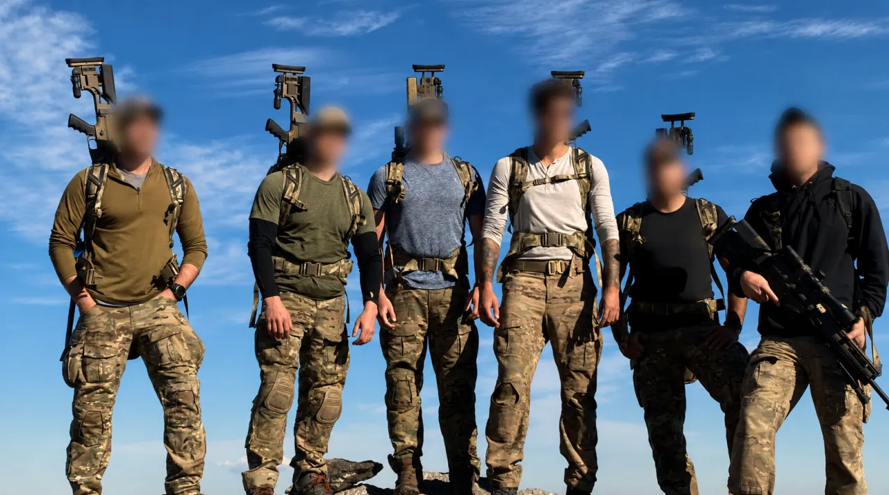 Six students standing in a line with rifles and packs against a blue sky